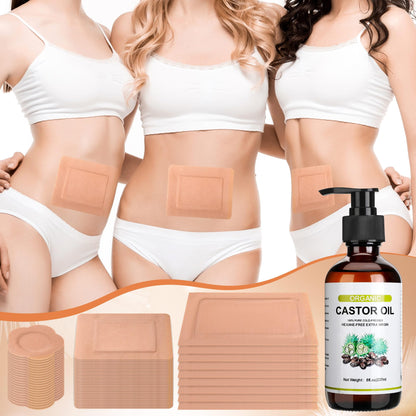 Suquuee Castor Oil Pack Set – 98 Patches + 8oz Organic Cold-Pressed Oil for Belly Button, Abdomen & Full Body