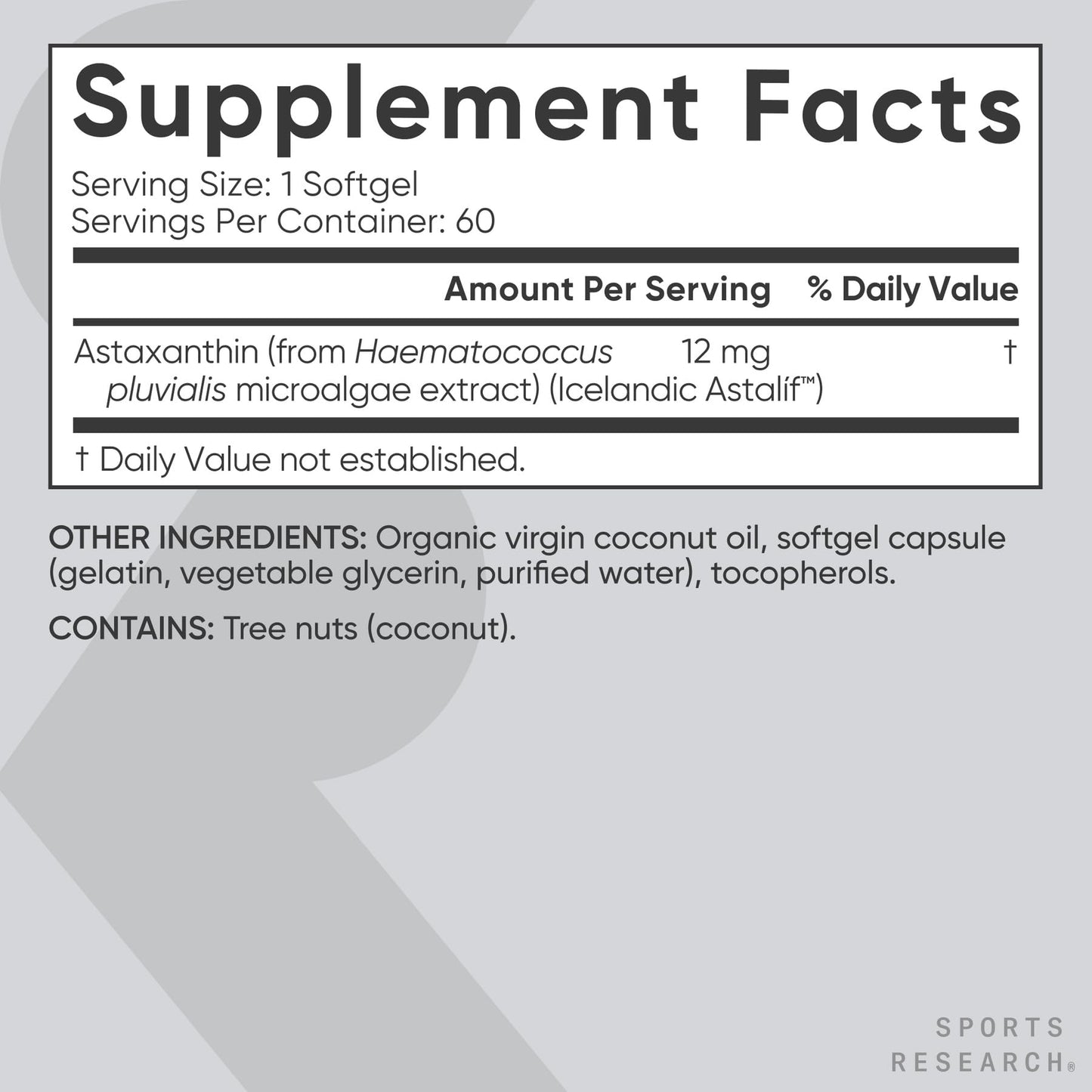Sports Research Triple Strength Astaxanthin 12mg with Organic Coconut Oil - 60 Softgels