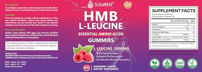 SUWENY HMB and L-Leucine Gummies 3000mg for Muscle Growth, Muscle Mass, Muscle Relief, and Fast Workout Recovery, for Men & Women,Sugar-Free,Raspberry Flavor,60 Count (1)
