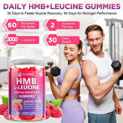 SUWENY HMB and L-Leucine Gummies 3000mg for Muscle Growth, Muscle Mass, Muscle Relief, and Fast Workout Recovery, for Men & Women,Sugar-Free,Raspberry Flavor,60 Count (1)