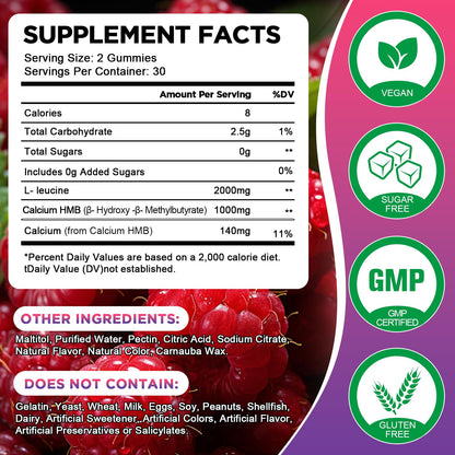 SUWENY HMB and L-Leucine Gummies 3000mg for Muscle Growth, Muscle Mass, Muscle Relief, and Fast Workout Recovery, for Men & Women,Sugar-Free,Raspberry Flavor,60 Count (1)