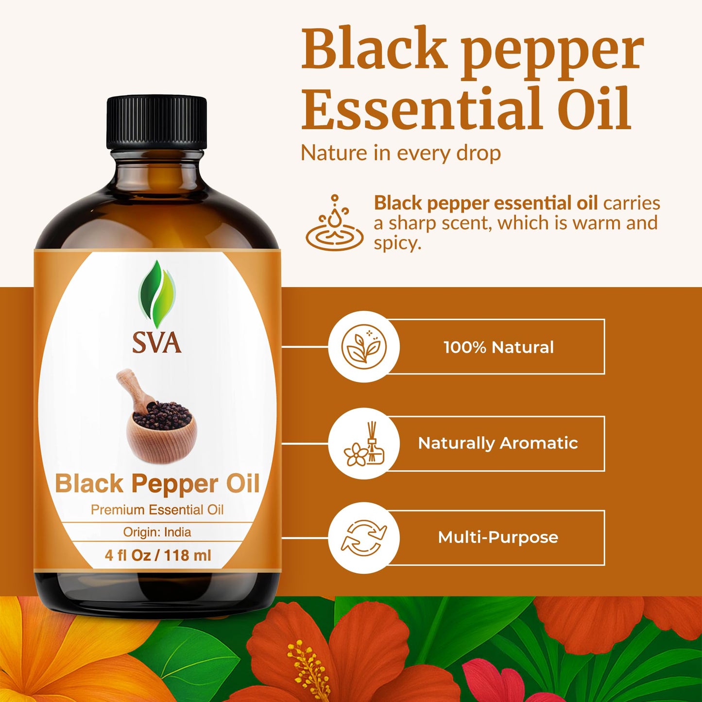 SVA Black Pepper Essential Oil (4 Oz) – 100% Natural, Dropper Included | Diffuser, Skin & Hair Care