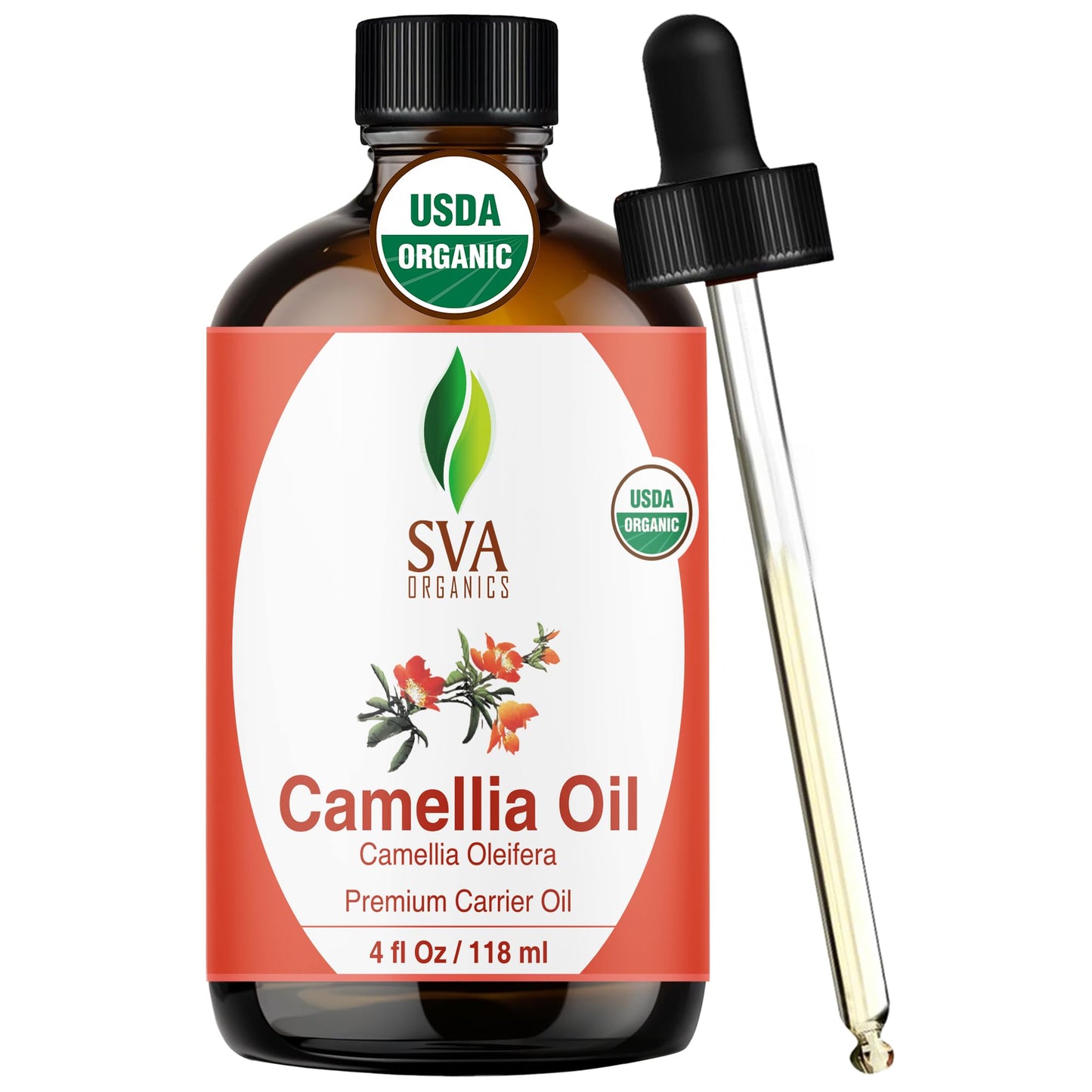 SVA Camellia Seed Oil Organic – Cold-Pressed Carrier Oil, 4 Fl Oz with Dropper
