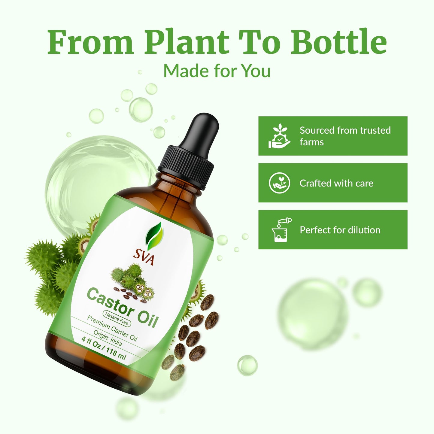 SVA Castor Seed Oil - 4 Fl Oz | 100% Natural Cold-Pressed Carrier Oil with Dropper