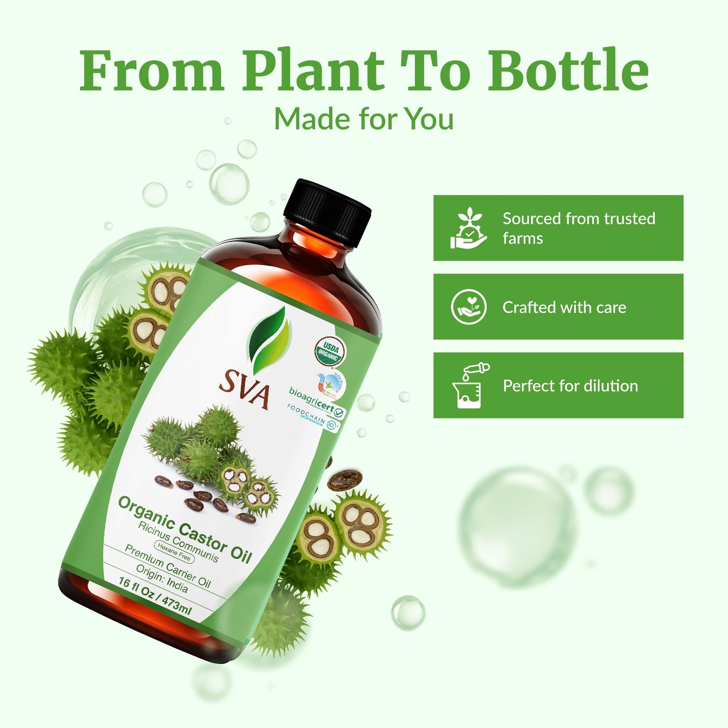 SVA Castor Seed Oil Organic – 16 Fl Oz | Cold-Pressed 100% Natural Carrier Oil