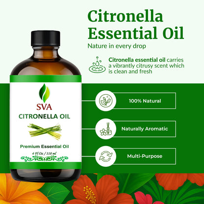 SVA Citronella Essential Oil 4oz | 100% Natural for Diffuser, Hair & Skin Care