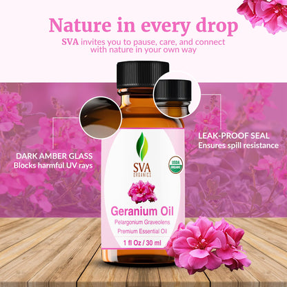 SVA Geranium Essential Oil Organic – 1 Fl Oz | 100% Natural, Diffuser, Skin & Hair Care