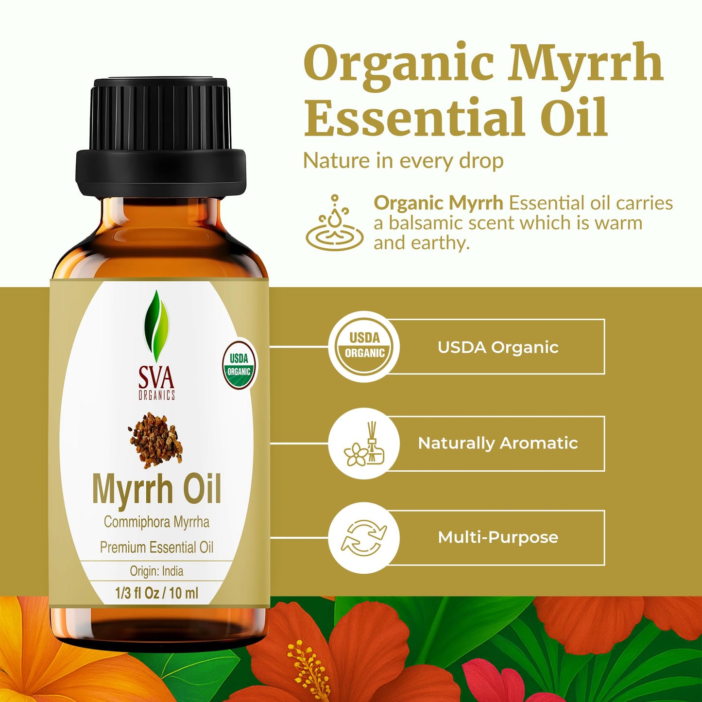 SVA Myrrh Essential Oil Organic – 1/3 Fl Oz | 100% Natural Myrrh Oil