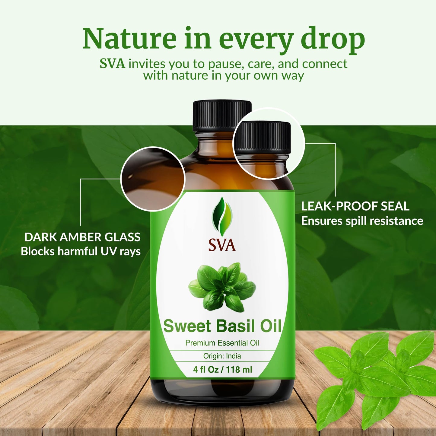 SVA Sweet Basil Essential Oil – 4oz | 100% Natural Basil Oil for Diffuser, Hair & Skin Care
