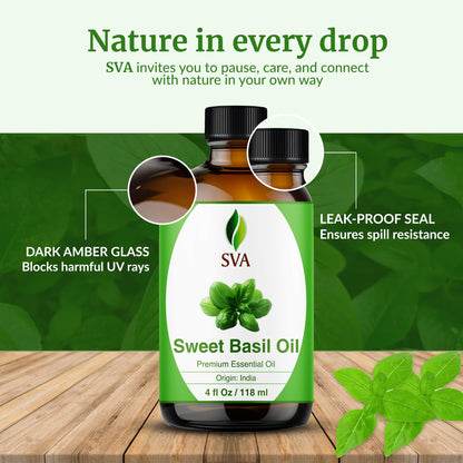 SVA Sweet Basil Essential Oil – 4oz | 100% Natural Basil Oil for Diffuser, Hair & Skin Care