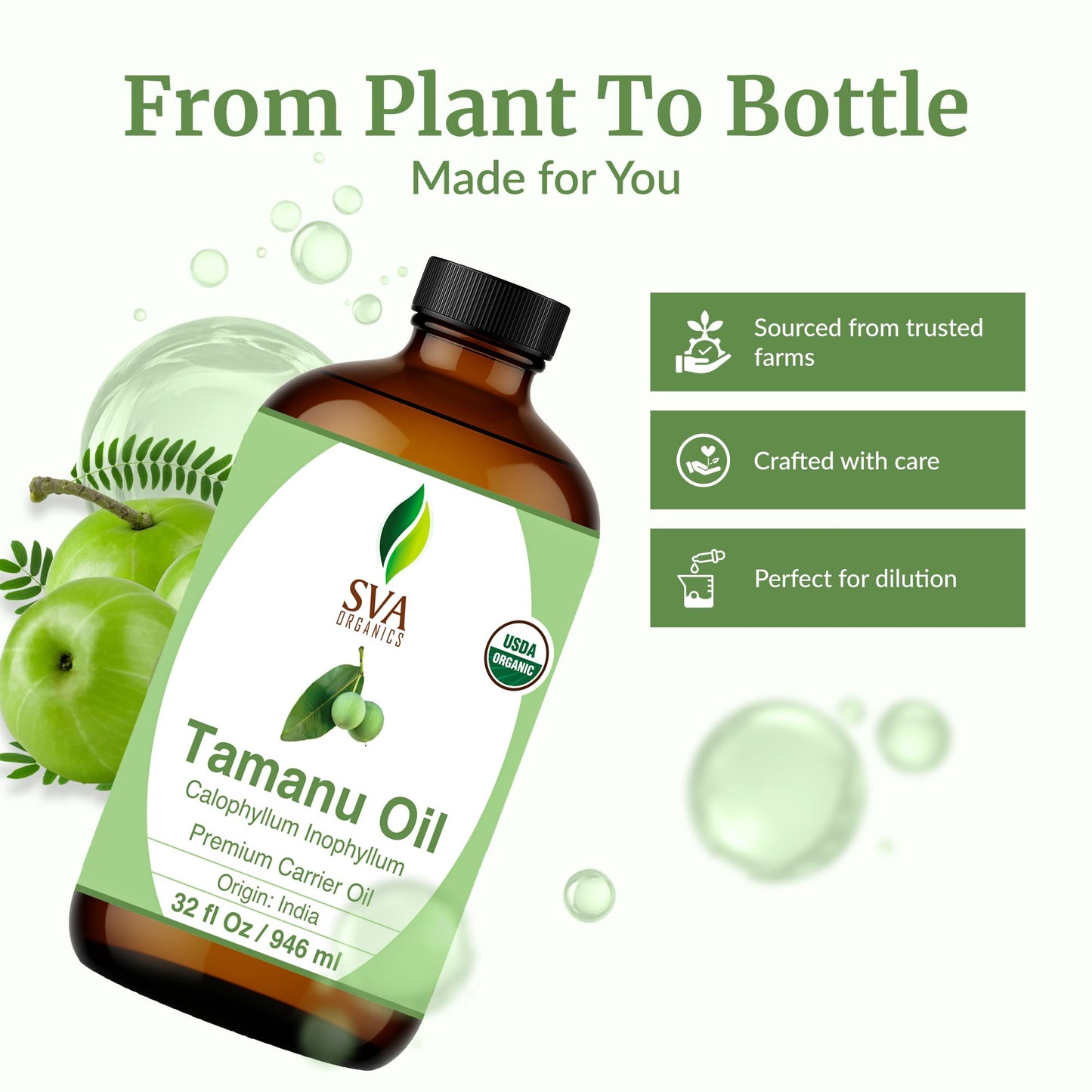 SVA Tamanu Seed Oil Organic - 32oz Cold-Pressed Carrier Oil