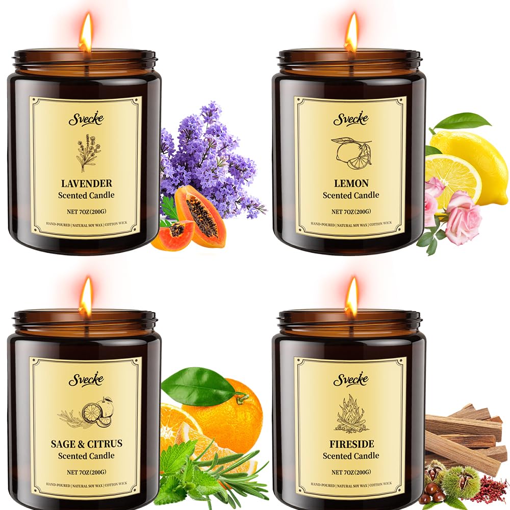 SVECKE 4-Pack 28oz Scented Soy Candles – Lemon, Lavender, Sage & Citrus, Fireside | Gift Set
