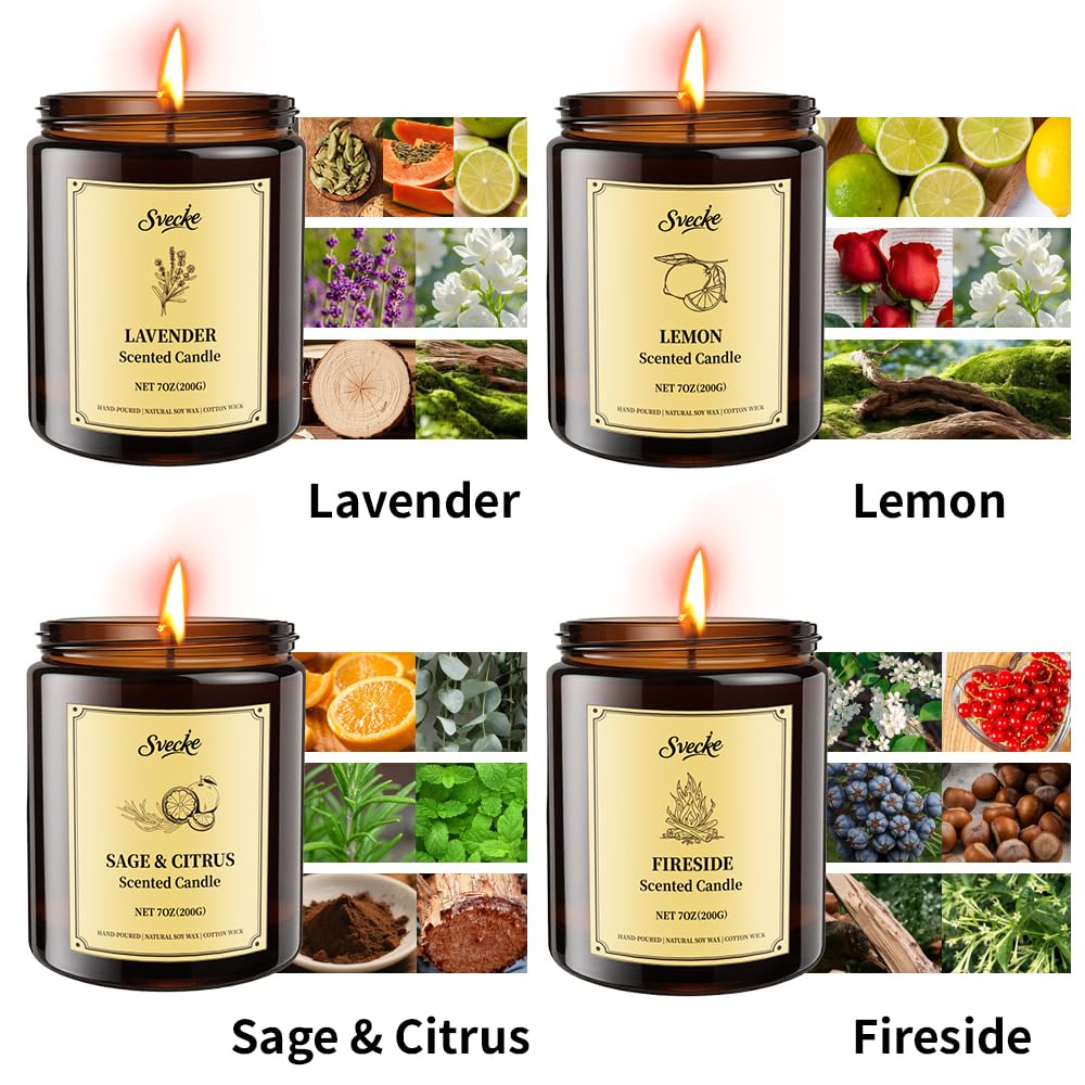 SVECKE 4-Pack 28oz Scented Soy Candles – Lemon, Lavender, Sage & Citrus, Fireside | Gift Set