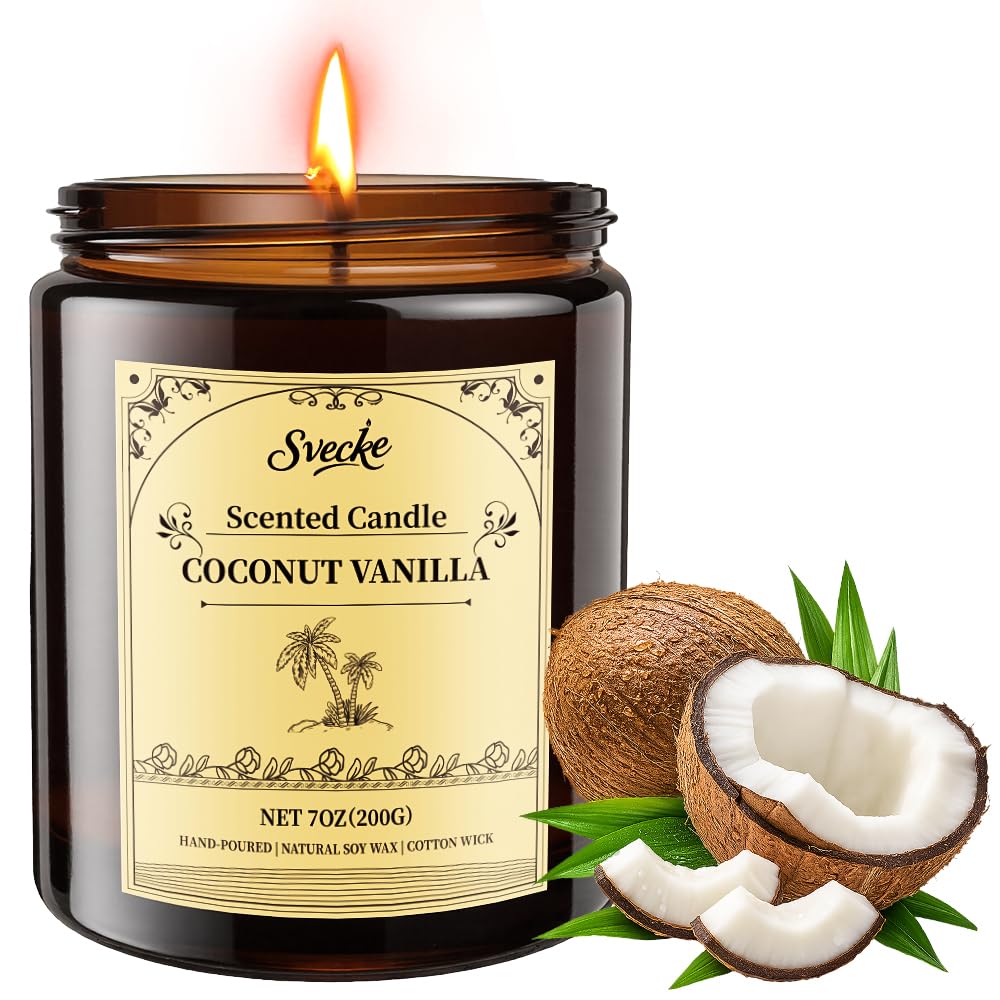 SVECKE Coconut Vanilla Scented Candles - 7oz Soy Wax Jar, Long-Lasting Aromatherapy