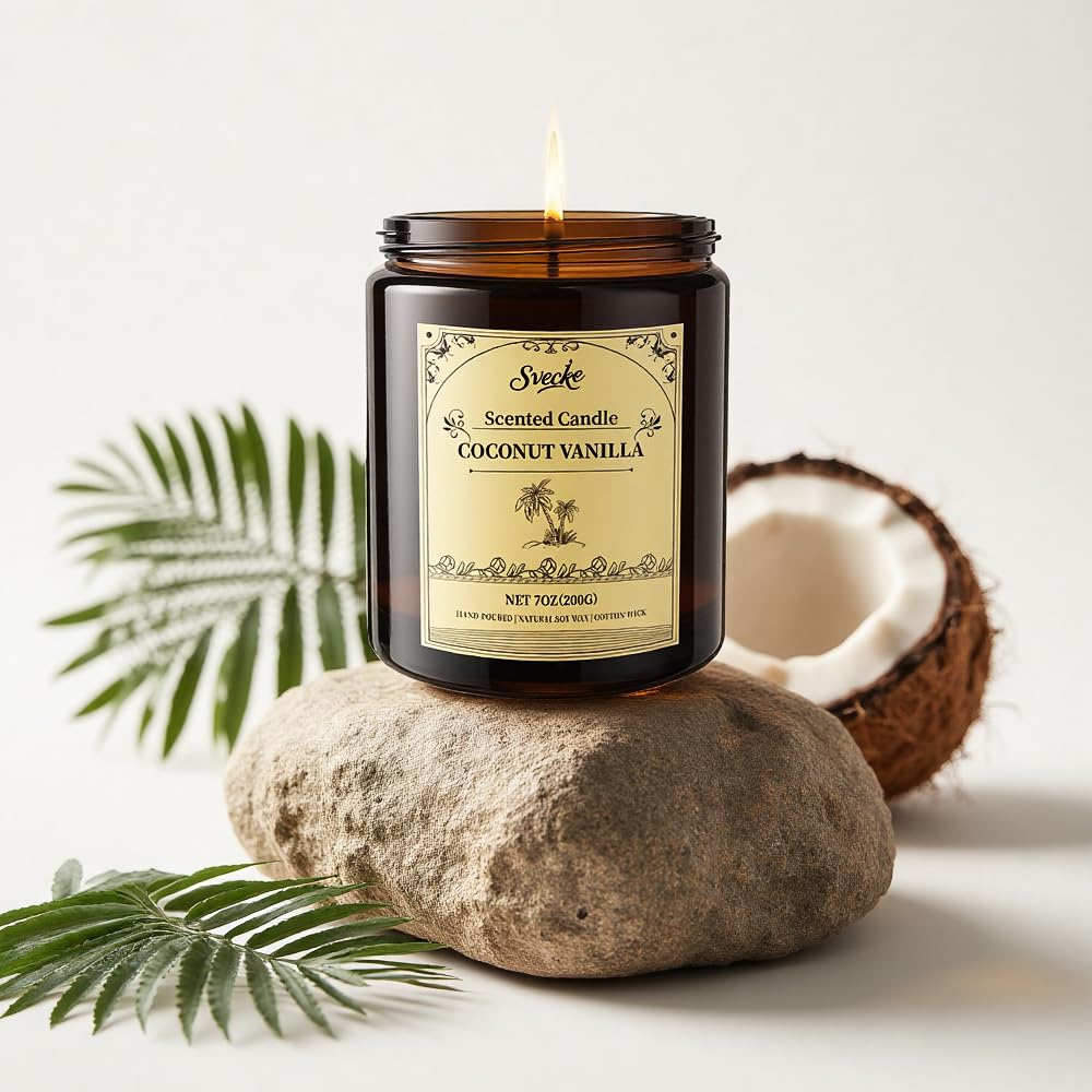 SVECKE Coconut Vanilla Scented Candles - 7oz Soy Wax Jar, Long-Lasting Aromatherapy