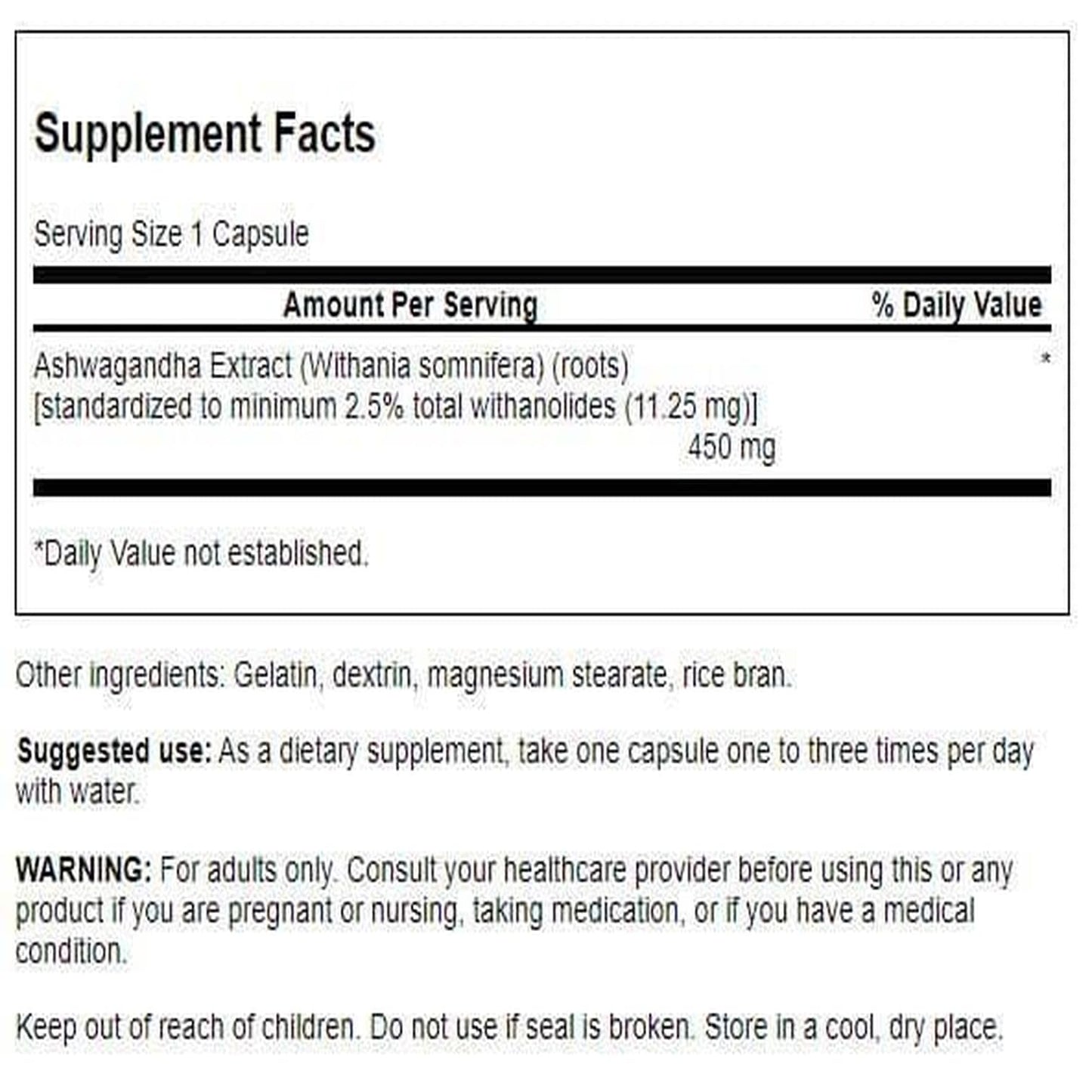 Swanson Ashwagandha Extract - Natural Stress Support, Energy & Nervous System Health - 60 Capsules (450 mg each)
