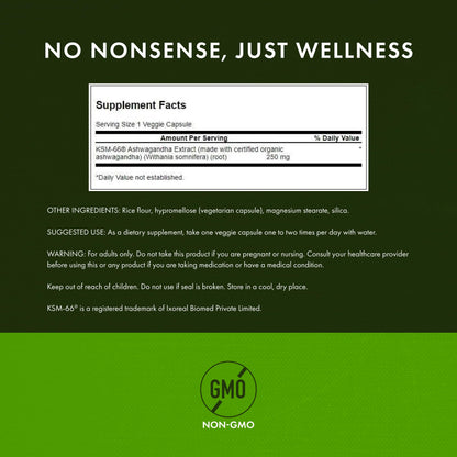 Swanson Ashwagandha KSM-66 – Stress Support & Relaxation (60 Veggie Caps, 250 mg)