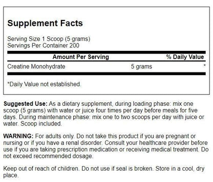 Swanson Creatine Monohydrate Powder – Micronized, 5g Serving, 1kg (200 Servings)