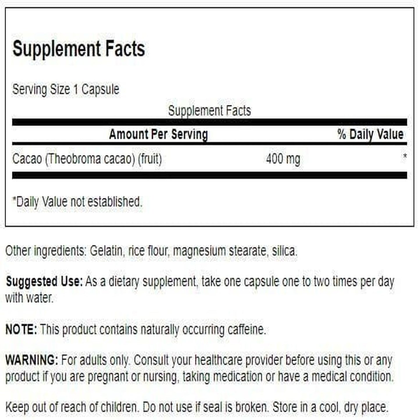 Swanson Full Spectrum Cacao (Raw Cocoa) – Herbal Energy Support, 60 Capsules (400 mg Each)