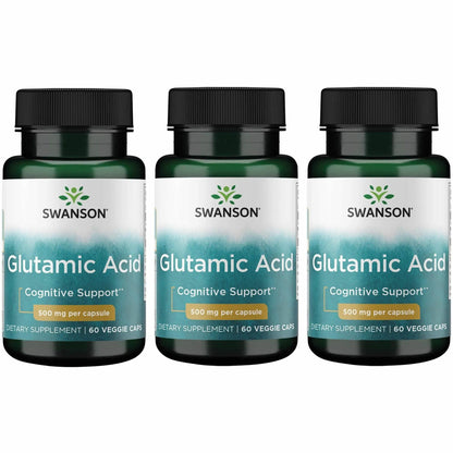 Swanson Glutamic Acid 500 mg – 3 Pack | Amino Acid Supplement for Cognitive Support