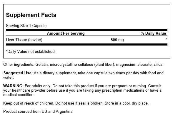 Swanson Liver Glandular 500 Milligrams - 60 Capsules