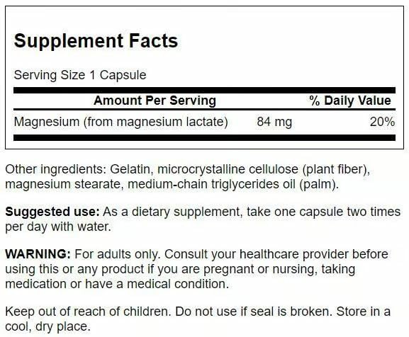 Swanson Magnesium Lactate - Lactose-Free Magnesium with Gentle Absorption | 4-Pack (480 capsules)