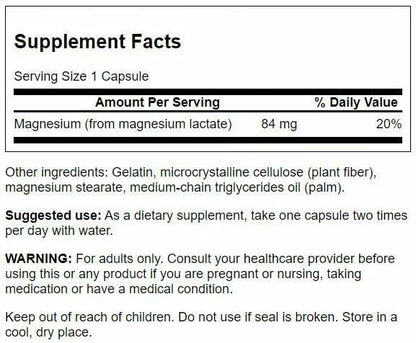 Swanson Magnesium Lactate - Lactose-Free Magnesium with Gentle Absorption | 4-Pack (480 capsules)