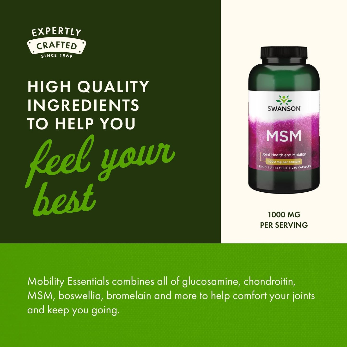 Swanson MSM 1000mg 240 Capsules - Joint Health & Mobility (2 Pack)