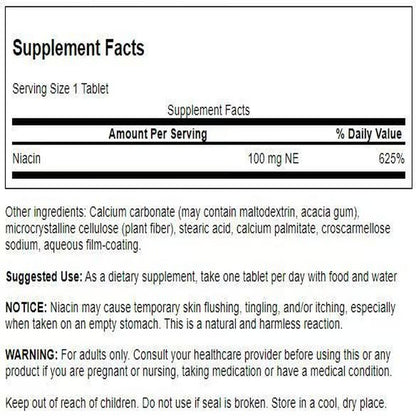 Swanson Niacin (Vitamin B3) - Vitamin Supplement Supporting Heart Health and Carbohydrate Metabolism - Promotes Natural Energy Production - (250 Tablets, 100mg NE Each)