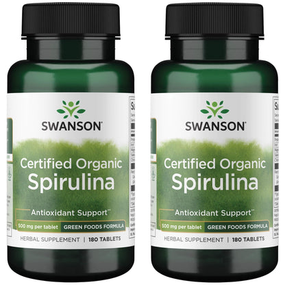 Swanson Certified Organic Spirulina 500 mg 180 Tabs (2 Pack) | Organic Spirulina Supplement