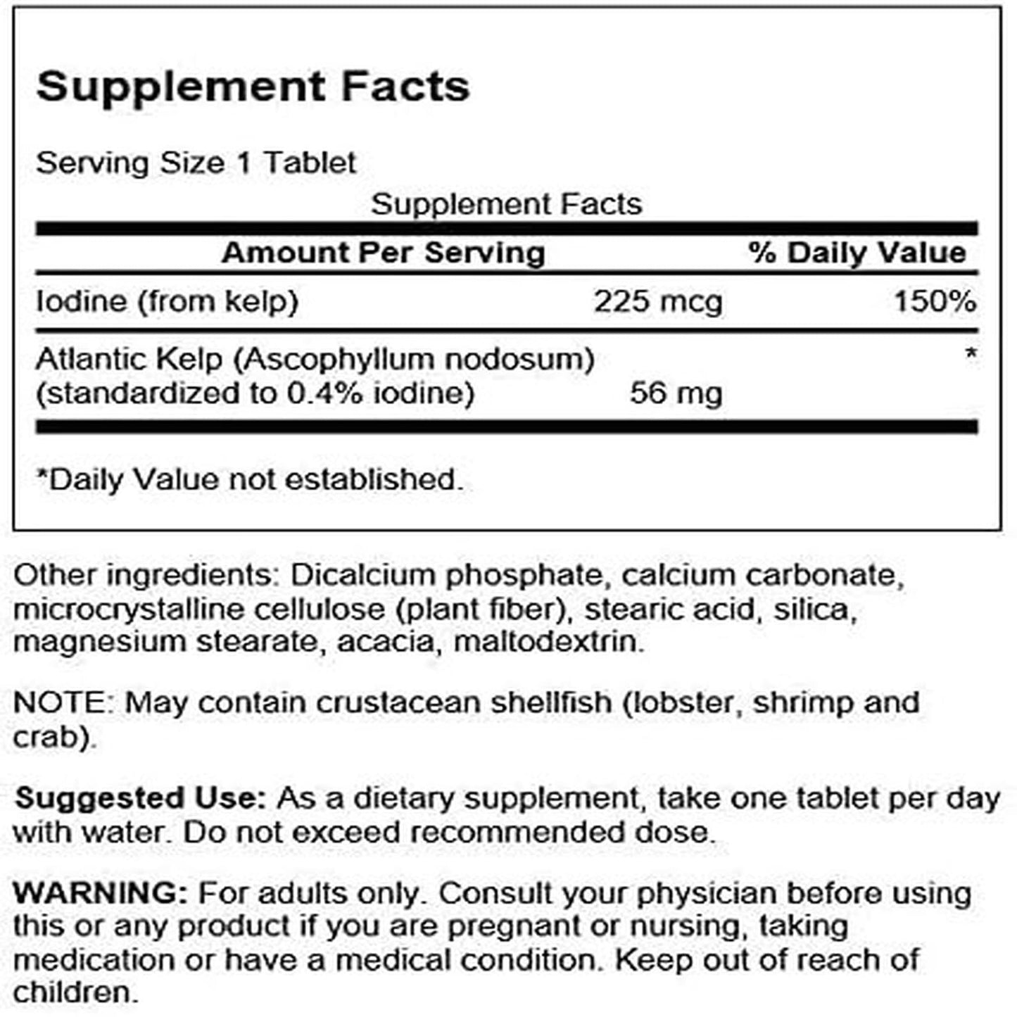 Swanson Premium Brand Kelp - Natural Iodine Source for Thyroid Health | 250 Tablets, 225 mcg Each