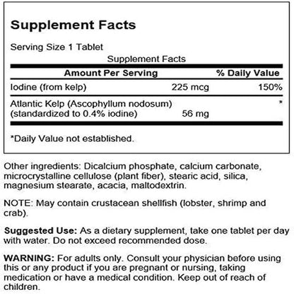 Swanson Premium Brand Kelp - Natural Iodine Source for Thyroid Health | 250 Tablets, 225 mcg Each