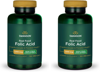 Swanson Real Food Folic Acid 1000 mcg Veggie Capsules – Prenatal Health (Vegan, Gluten-Free, Non-GMO) Pack of 2