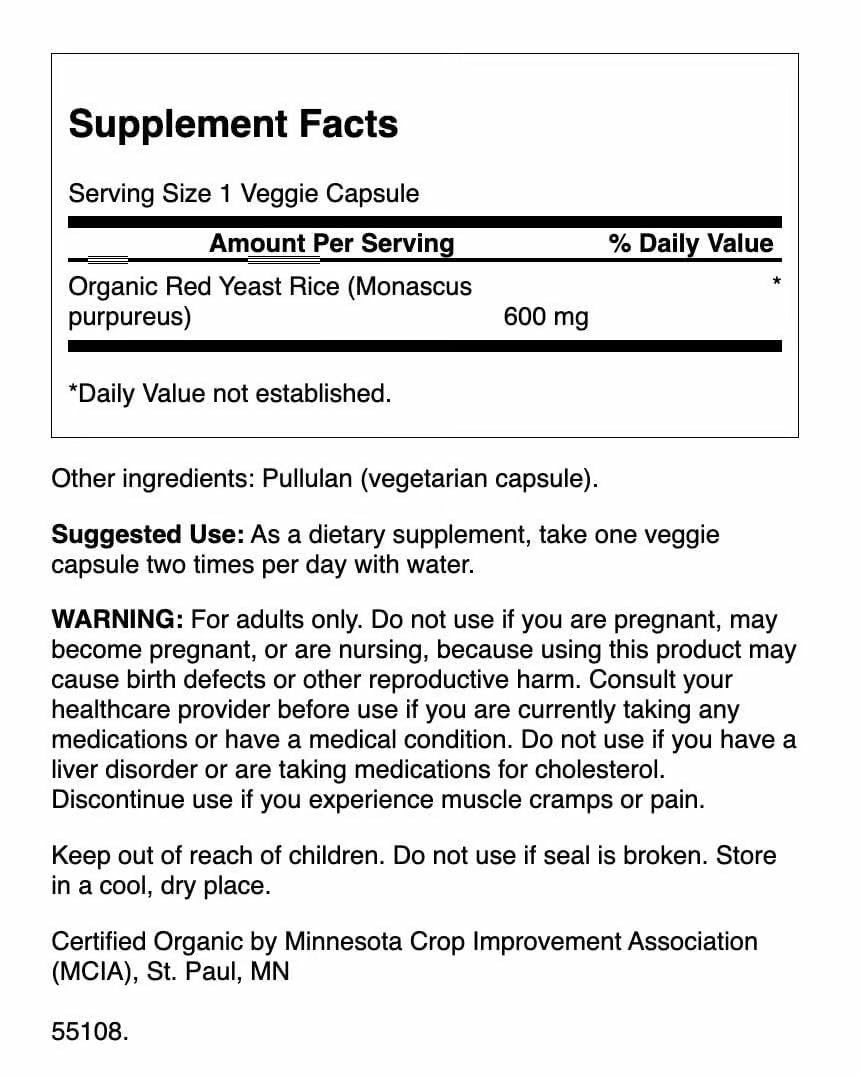 Swanson Red Yeast Rice 600 mg Organic 2 Pack (60 Veg Capsules)