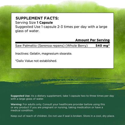 Swanson Saw Palmetto – Prostate & Urinary Health Support, Hair Benefits (540 mg, 250 Capsules) – 3 Pack