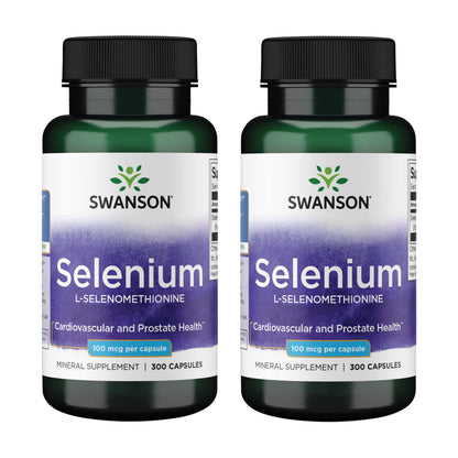 Swanson Selenium (L-Selenomethionine) - 2 Pack, 300 Capsules, 100mcg - Heart & Prostate Support