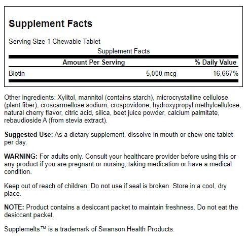 Swanson Sublingual Biotin Vitamin 5000 mcg 60 Chwbls | Hair, Skin & Nails