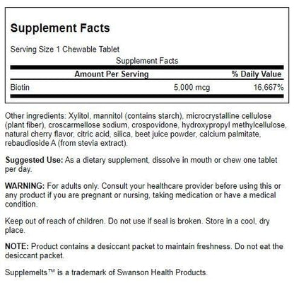 Swanson Sublingual Biotin Vitamin 5000 mcg 60 Chwbls | Hair, Skin & Nails