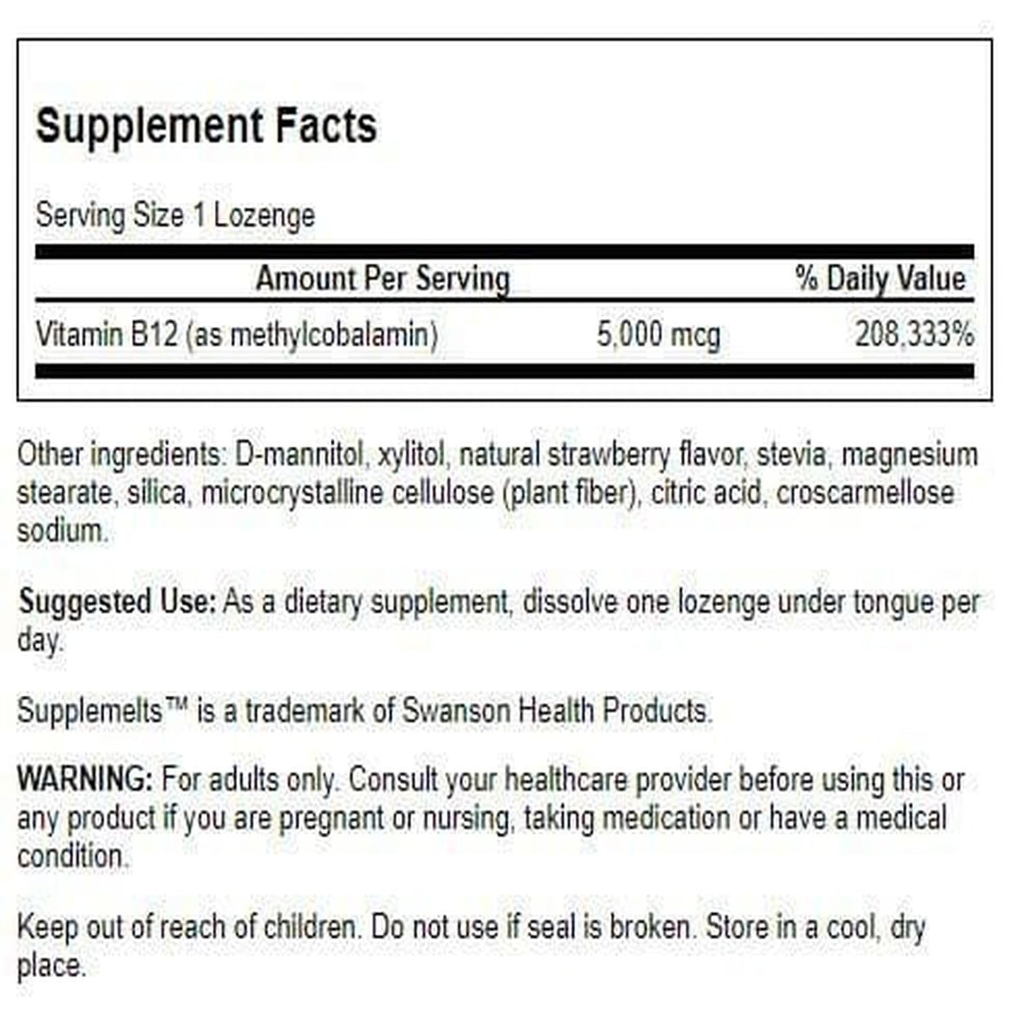 Swanson Supplements Sublingual Vitamin B-12 5 mg, 60 Tabs | Supports Energy & Nervous System