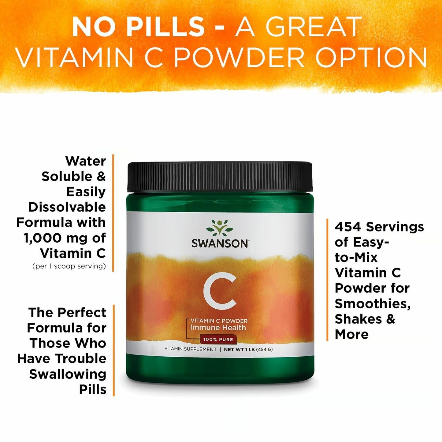 Swanson Vitamin C Powder 100% Pure Ascorbic Acid – Immune Support, Skin & Cardiovascular Health | 1000 mg per Serving, 1 lb, 3 Pack