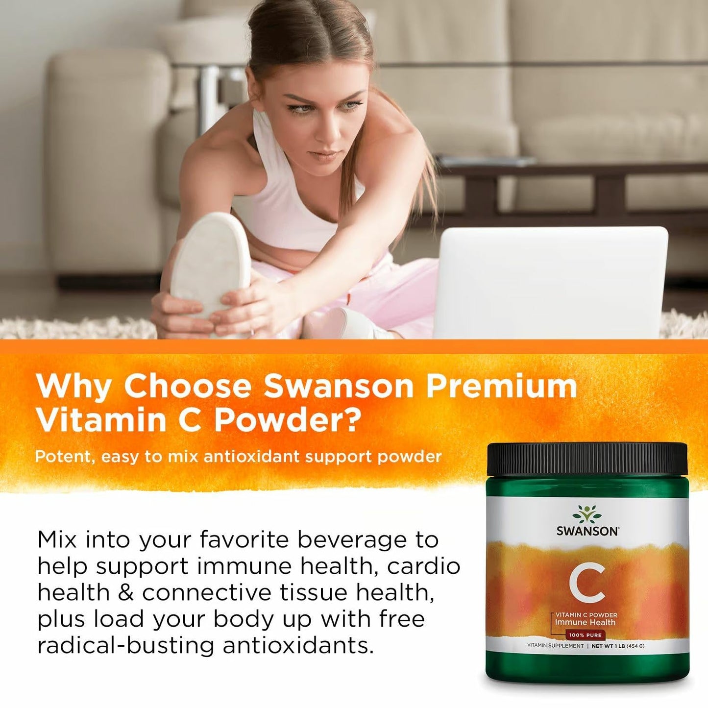 Swanson Vitamin C Powder 100% Pure Ascorbic Acid – Immune Support, Skin & Cardiovascular Health | 1000 mg per Serving, 1 lb, 3 Pack