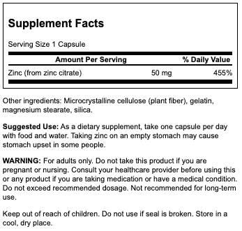 Swanson Zinc Citrate 50mg - Vision & Immune Support - 60 Capsules (2 Pack)