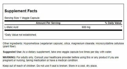 Swanson Malic Acid 600mg – Natural Energy Support for Cellular Production (2 Pack, 100 Veggie Capsules)