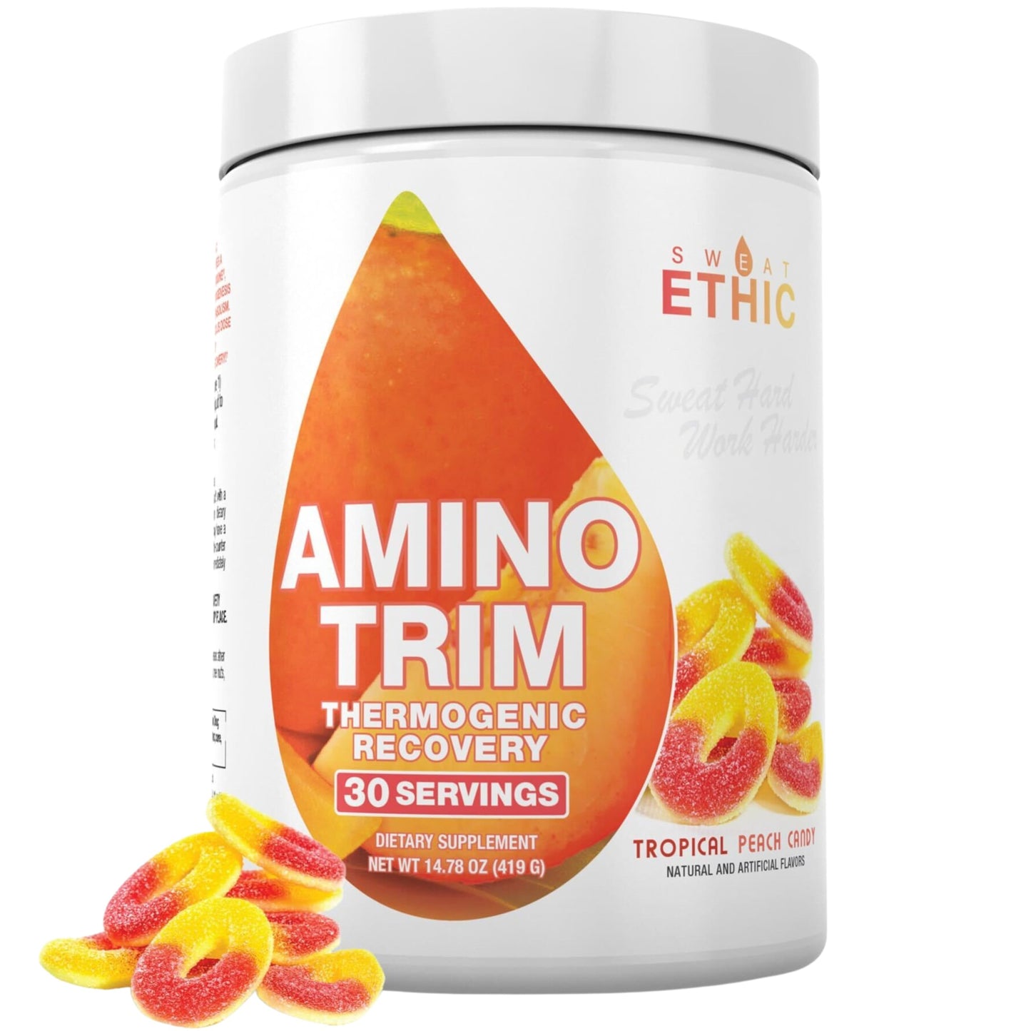 Sweat Ethic Amino Trim – Pre-Workout Powder with 7.5 g EAAs (2:1:1 BCAA) – Tropical Peach Candy