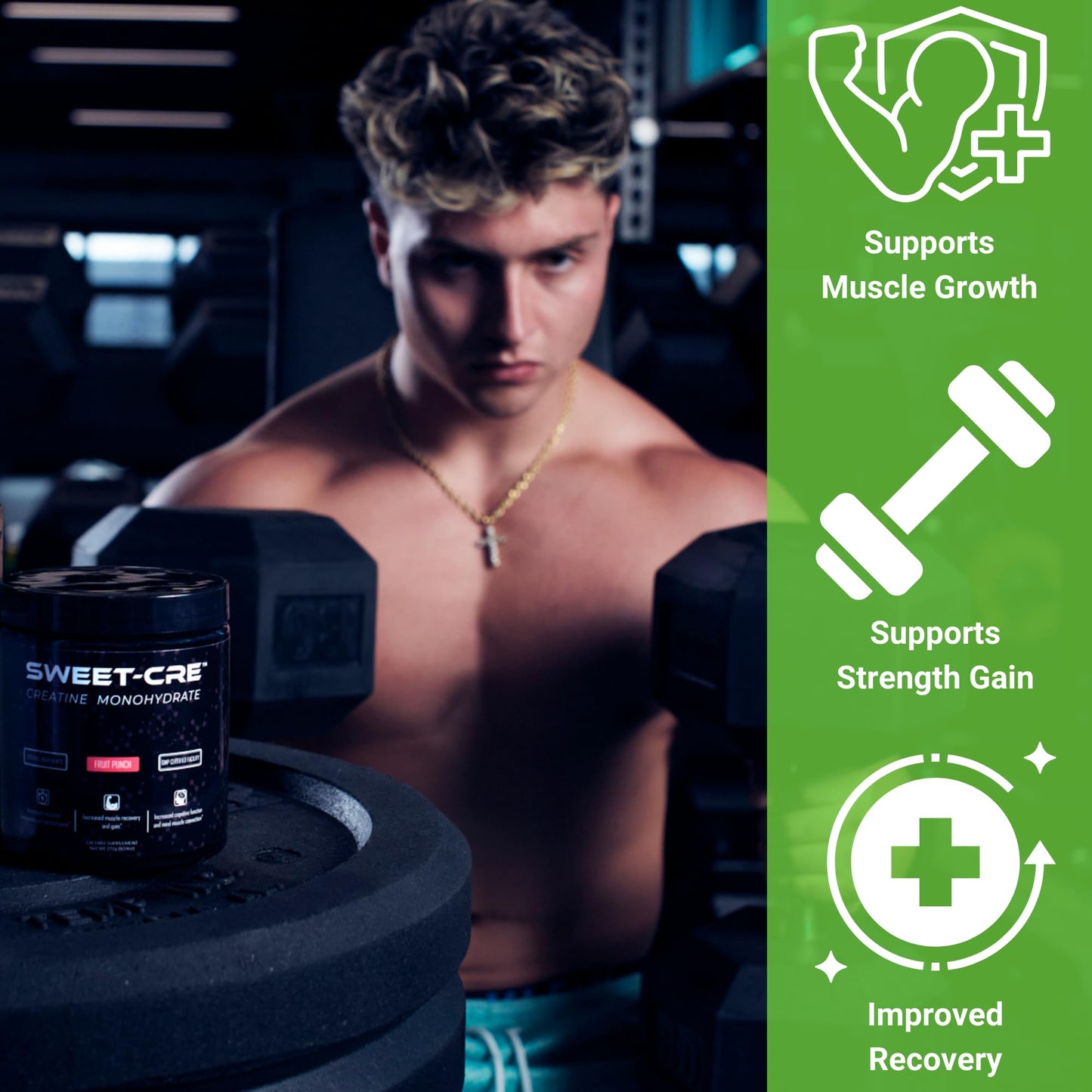 SweetCre Creatine Monohydrate - 5g Powder - Fruit Punch Flavor - 10oz (40 Servings) - GMP-Certified