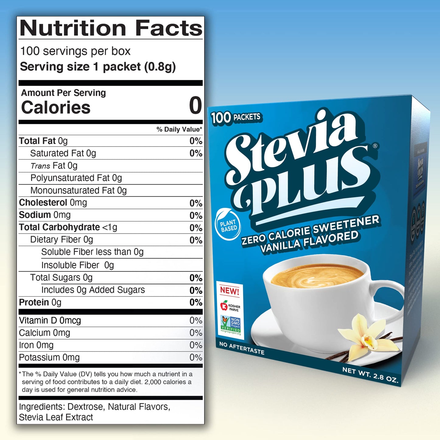 SweetLeaf Stevia Plus Packets – Zero Calorie Sugar Free Stevia (Vanilla, 100 Count)
