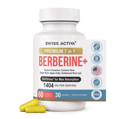 Swiss Activa+ Labs Organic 7-in-1 Berberine Supplement | 600mg Berberine HCl + Cinnamon, Turmeric, Ginger, ACV | Metabolic, Heart & Digestive Support | Vegan, Non-GMO | 30-Day Supply