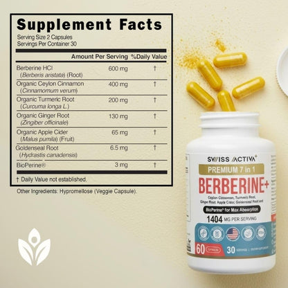 Swiss Activa+ Labs Organic 7-in-1 Berberine Supplement | 600mg Berberine HCl + Cinnamon, Turmeric, Ginger, ACV | Metabolic, Heart & Digestive Support | Vegan, Non-GMO | 30-Day Supply
