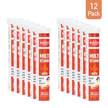 Swiss Imports Effervescent Multivitamins + Biotin – Wellness & Vitality, 12-Pack, 240 Tablets