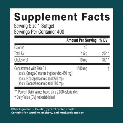 Swisse Wild Fish Oil Omega-3 1500 mg Softgels – Odorless EPA DHA for Heart, Brain & Eye Health | 400 Softgels